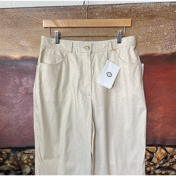 St. John Sport Wide Leg Pants Size 12 NWT Dog Show Twill Metallic Gold Ivory - Picture 2 of 10